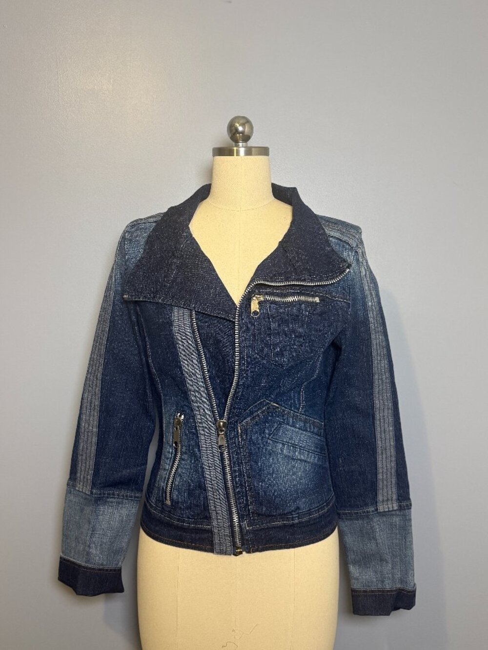 FUBU Y2K Patchwork Denim Moto Jacket Asymmetrical Zip Size S